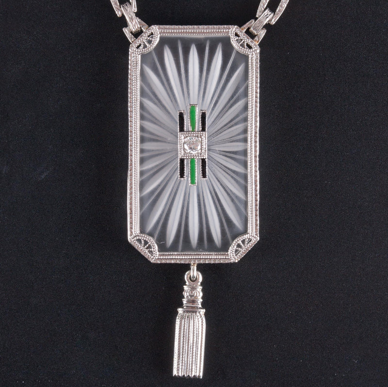 Vintage 1920's Krementz 14k White Gold Diamond Carved Crystal Necklace .03ct