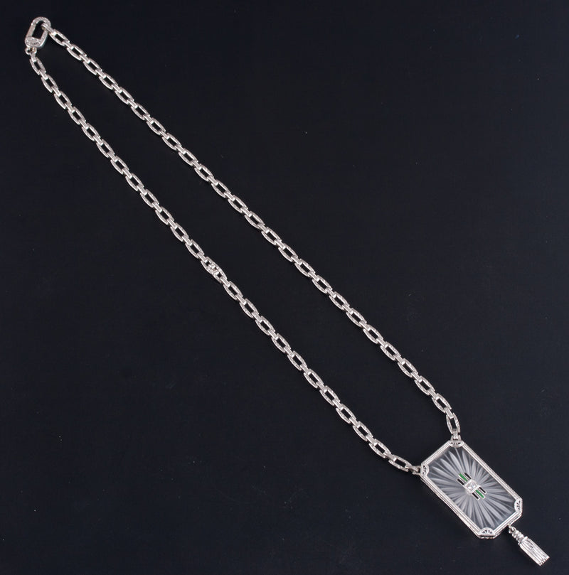 Vintage 1920's Krementz 14k White Gold Diamond Carved Crystal Necklace .03ct