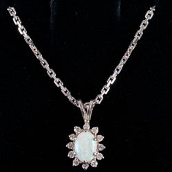 14k White Gold Oval Cabochon Opal & Diamond Halo Style Necklace .57ctw 5.84g