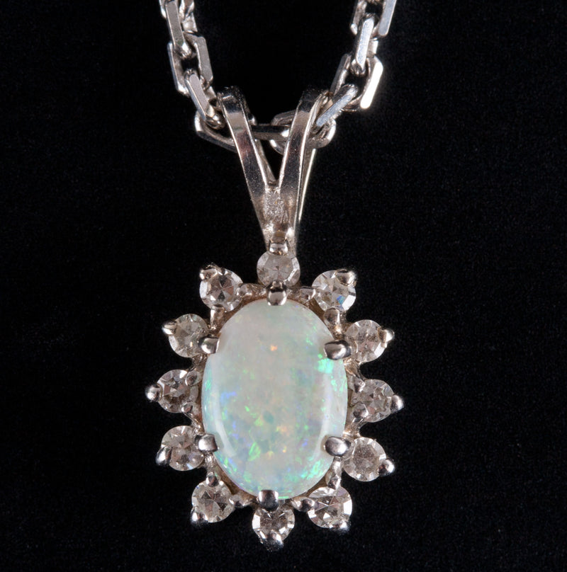 14k White Gold Oval Cabochon Opal & Diamond Halo Style Necklace .57ctw 5.84g