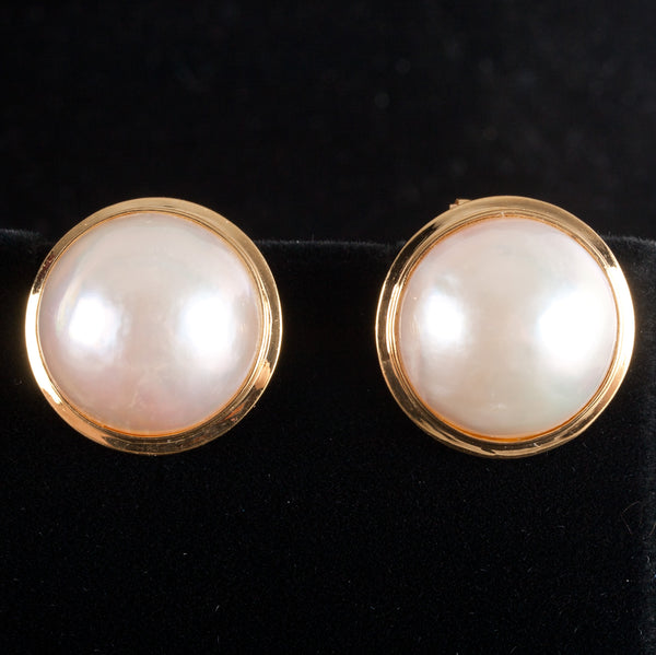 18k Yellow Gold Cultured Mabe Pearl Huggie Style Omega Back Earrings 9.65g