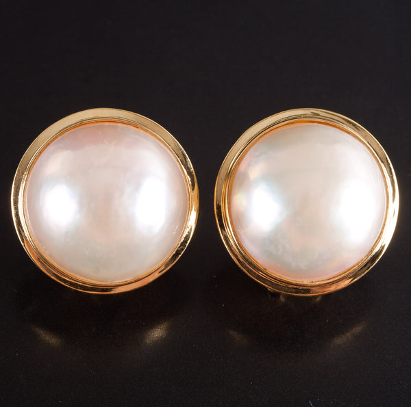 18k Yellow Gold Cultured Mabe Pearl Huggie Style Omega Back Earrings 9.65g