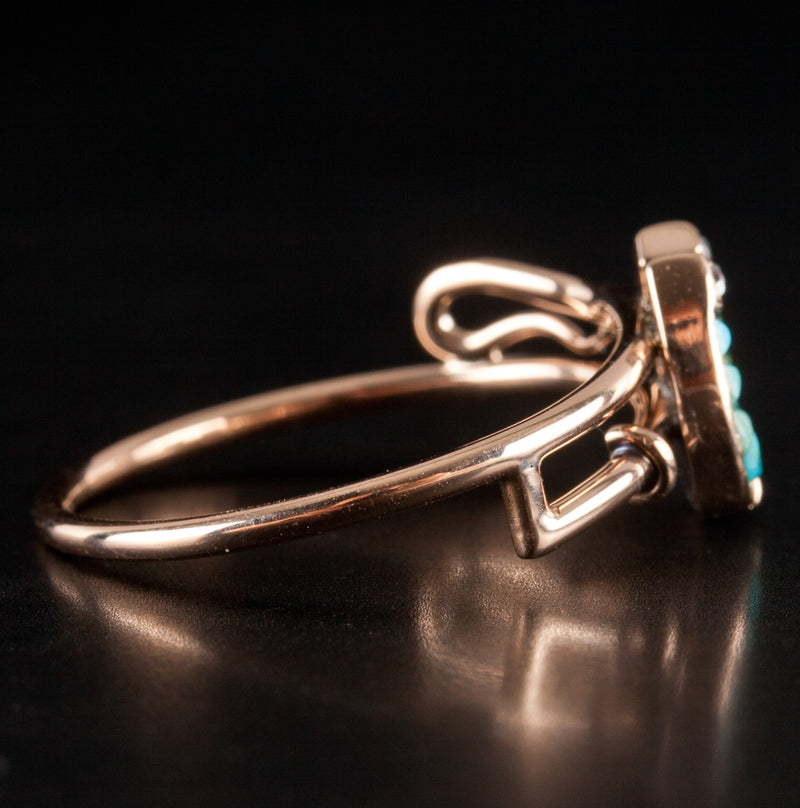 Vintage 1910's 10k Yellow Gold Turquoise Diamond Carnelian Horseshoe Ring .01ctw