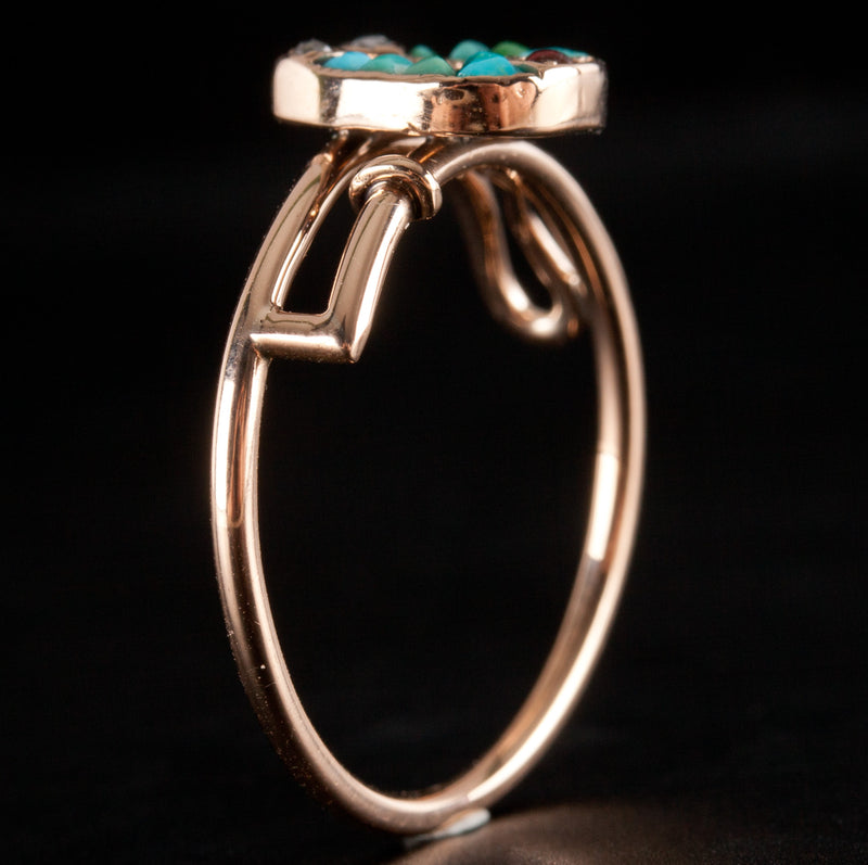 Vintage 1910's 10k Yellow Gold Turquoise Diamond Carnelian Horseshoe Ring .01ctw