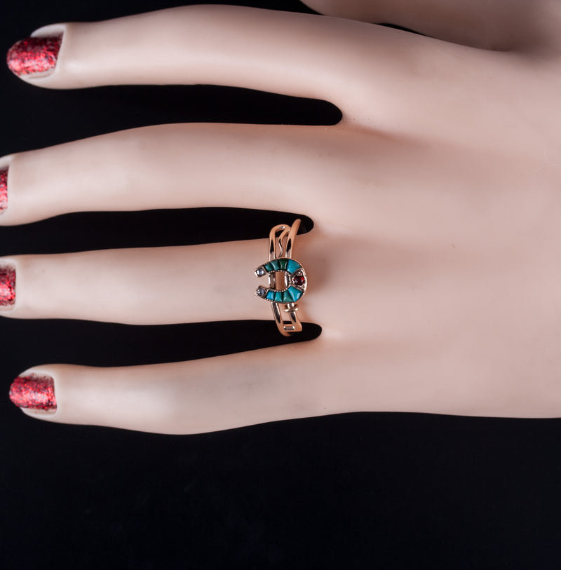 Vintage 1910's 10k Yellow Gold Turquoise Diamond Carnelian Horseshoe Ring .01ctw