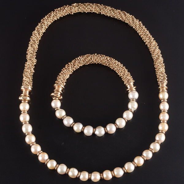 14k Yellow Gold Cultured Round Bead Pearl Heavy Necklace Bracelet Set 115.4g