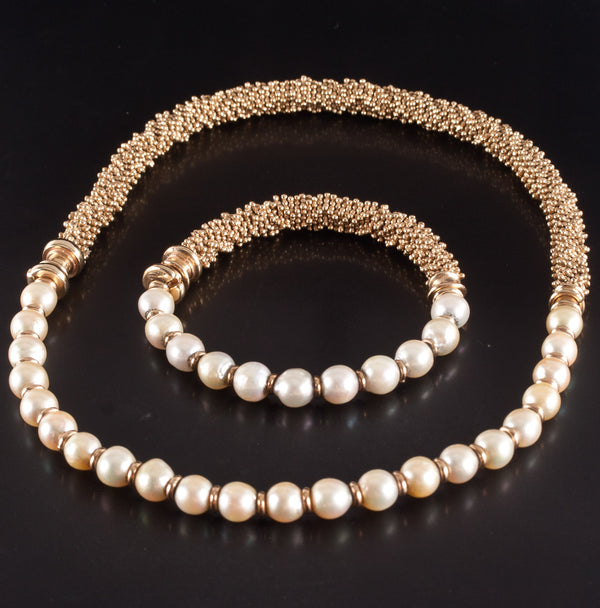 14k Yellow Gold Cultured Round Bead Pearl Heavy Necklace Bracelet Set 115.4g