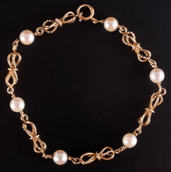 14k Yellow Gold Round Bead Cultured Pearl Fancy Chain Style Bracelet 7.5" 6.93g