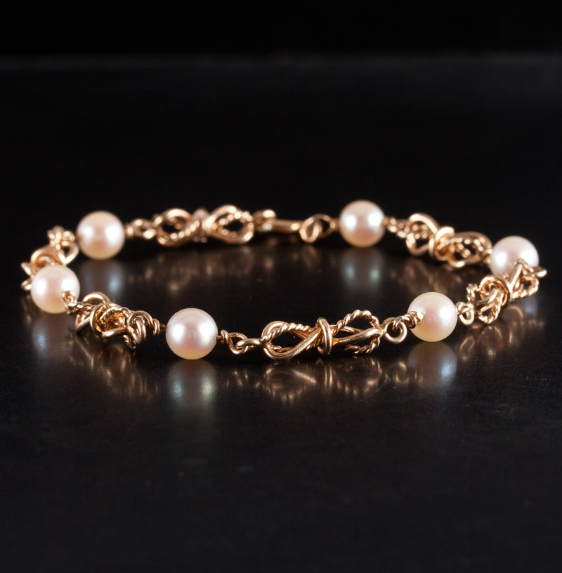 14k Yellow Gold Round Bead Cultured Pearl Fancy Chain Style Bracelet 7.5" 6.93g