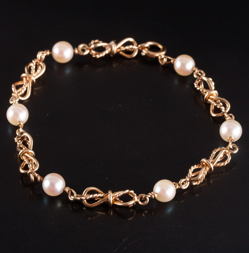 14k Yellow Gold Round Bead Cultured Pearl Fancy Chain Style Bracelet 7.5" 6.93g