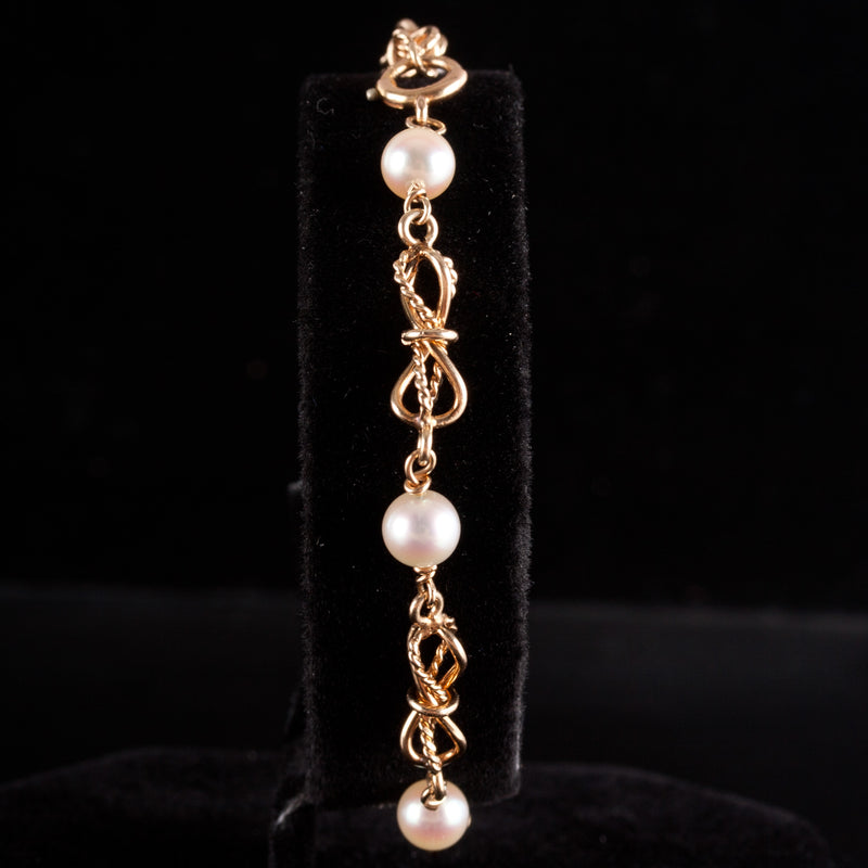 14k Yellow Gold Round Bead Cultured Pearl Fancy Chain Style Bracelet 7.5" 6.93g