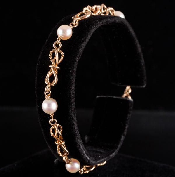 14k Yellow Gold Round Bead Cultured Pearl Fancy Chain Style Bracelet 7.5" 6.93g