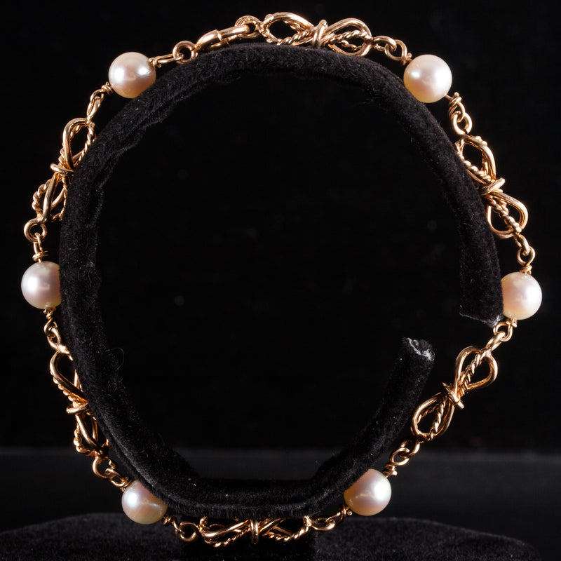 14k Yellow Gold Round Bead Cultured Pearl Fancy Chain Style Bracelet 7.5" 6.93g