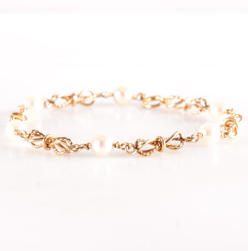 14k Yellow Gold Round Bead Cultured Pearl Fancy Chain Style Bracelet 7.5" 6.93g