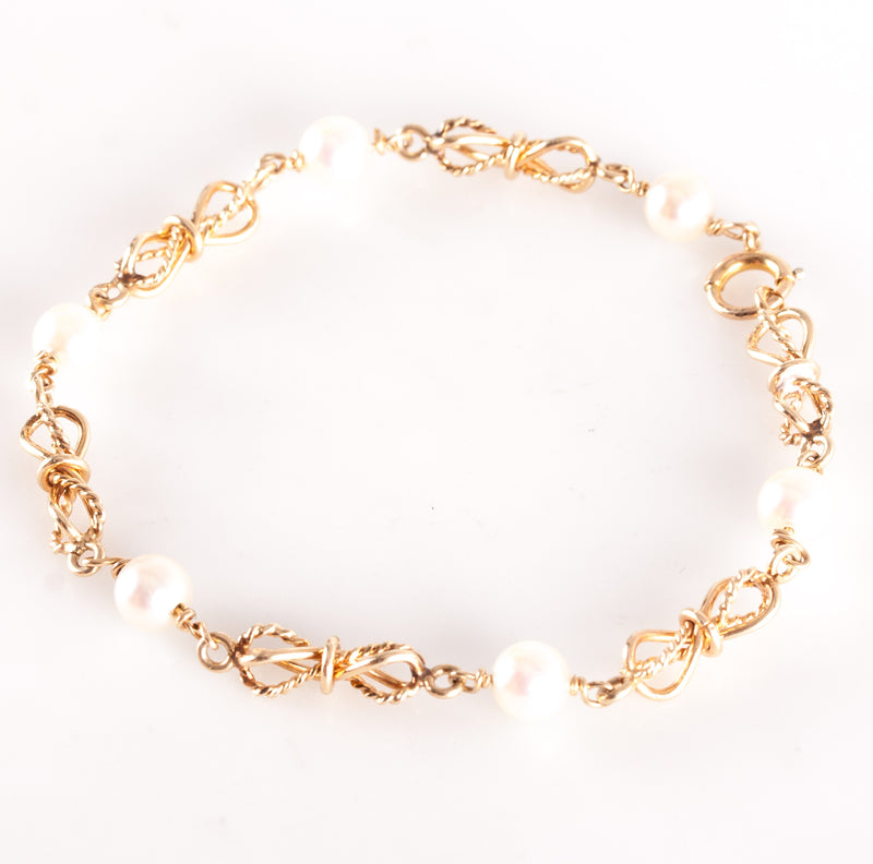 14k Yellow Gold Round Bead Cultured Pearl Fancy Chain Style Bracelet 7.5" 6.93g