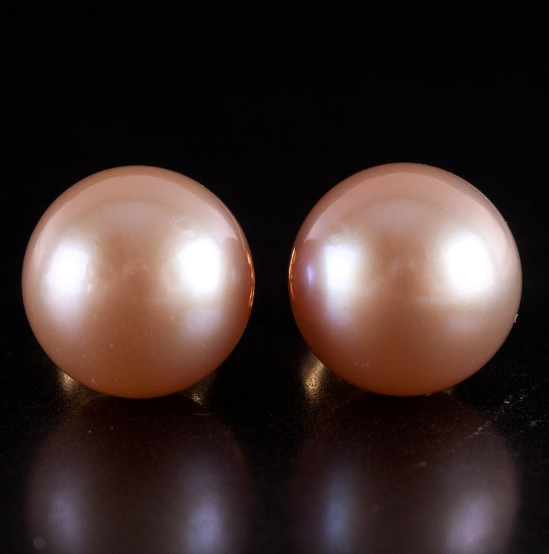 14k Yellow Gold Round Bead Cultured Pink Pearl Solitaire Stud Earrings 2.0g