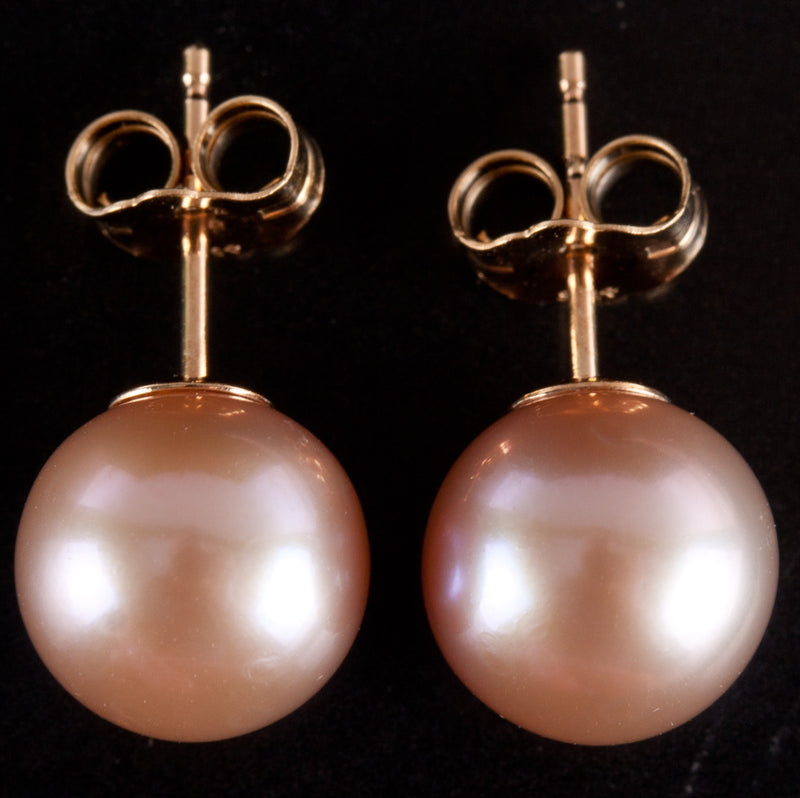 14k Yellow Gold Round Bead Cultured Pink Pearl Solitaire Stud Earrings 2.0g