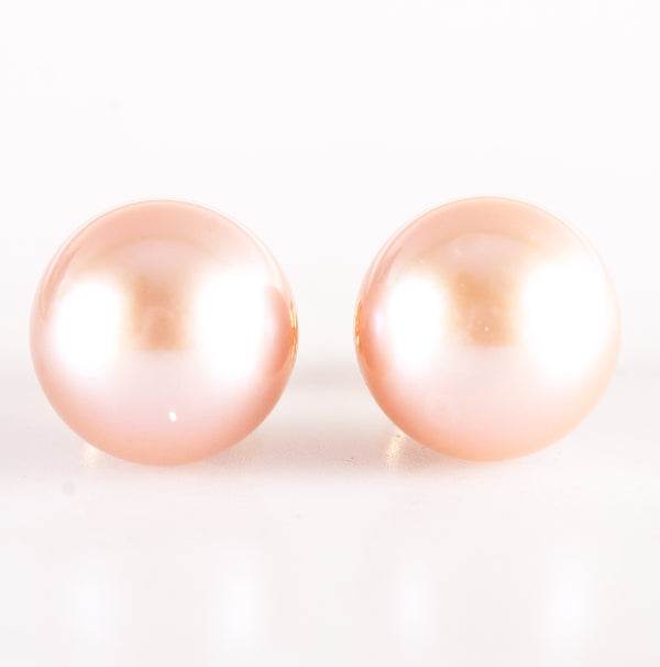 14k Yellow Gold Round Bead Cultured Pink Pearl Solitaire Stud Earrings 2.0g