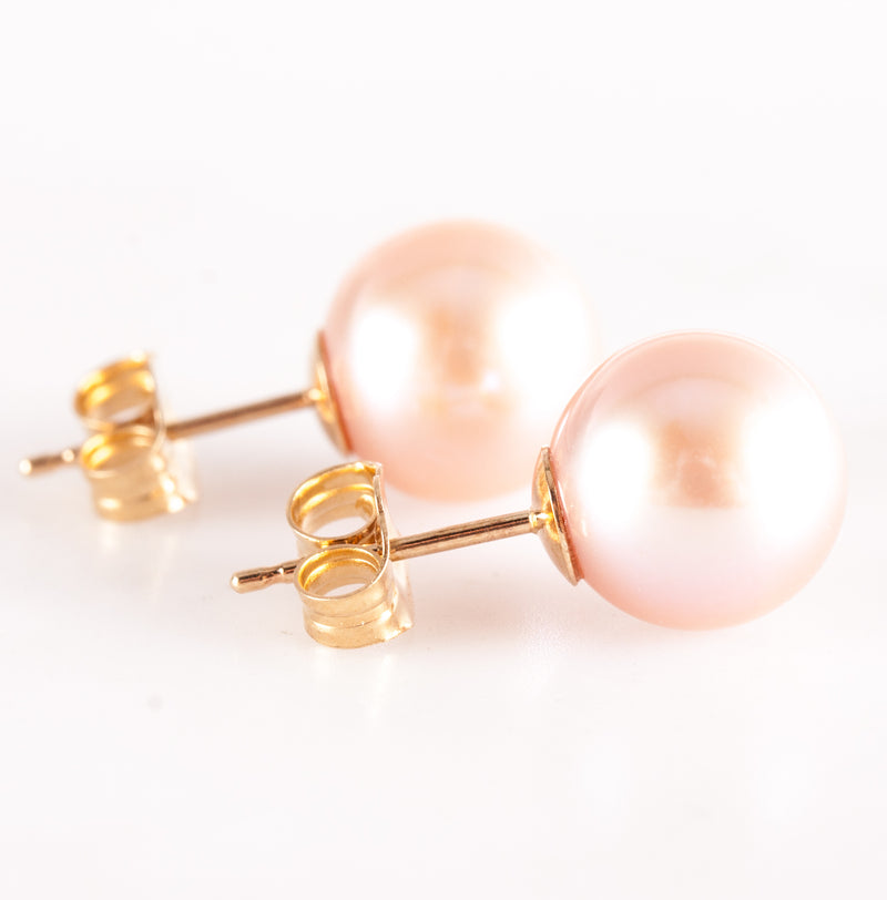 14k Yellow Gold Round Bead Cultured Pink Pearl Solitaire Stud Earrings 2.0g