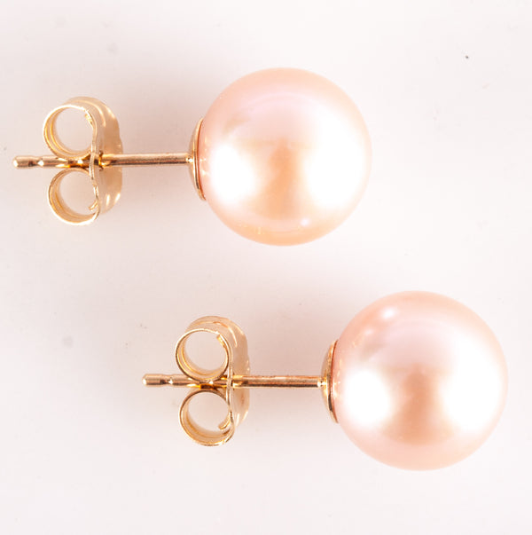 14k Yellow Gold Round Bead Cultured Pink Pearl Solitaire Stud Earrings 2.0g