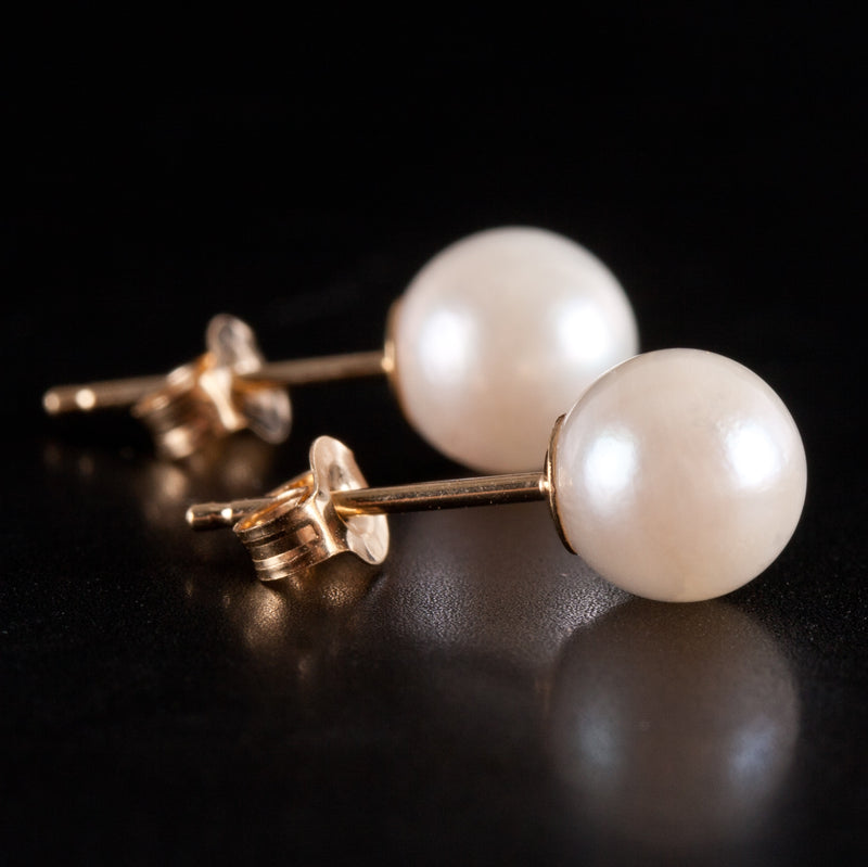 14k Yellow Gold Round Bead Cultured White Pearl Solitaire Stud Earrings .70g