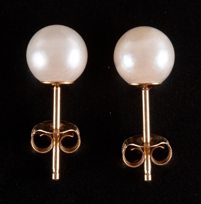 14k Yellow Gold Round Bead Cultured White Pearl Solitaire Stud Earrings .70g