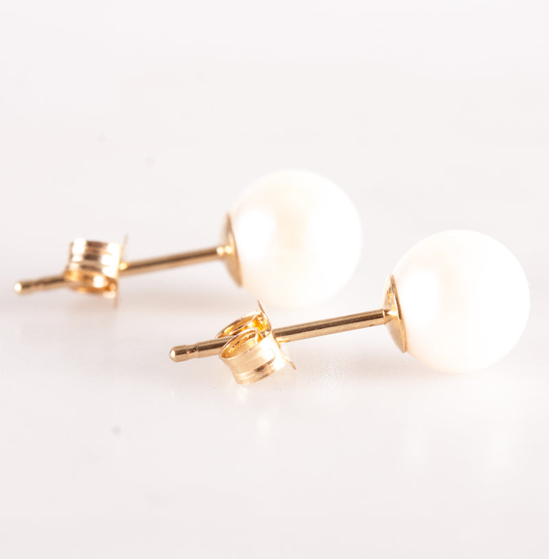 14k Yellow Gold Round Bead Cultured White Pearl Solitaire Stud Earrings .70g