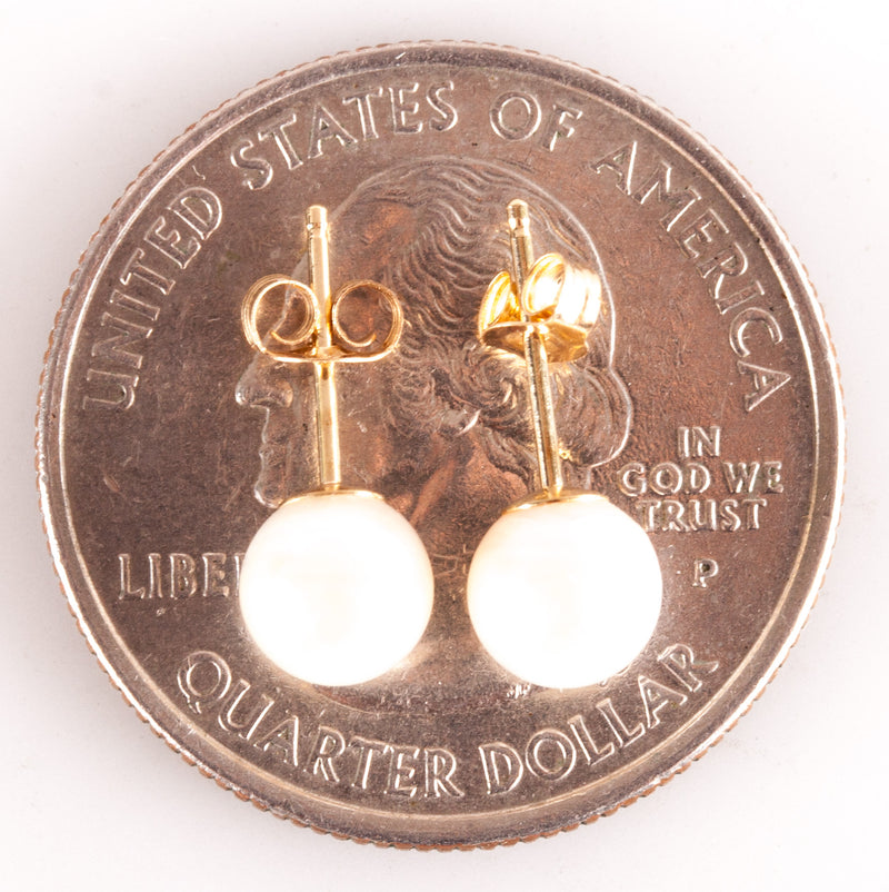 14k Yellow Gold Round Bead Cultured White Pearl Solitaire Stud Earrings .70g