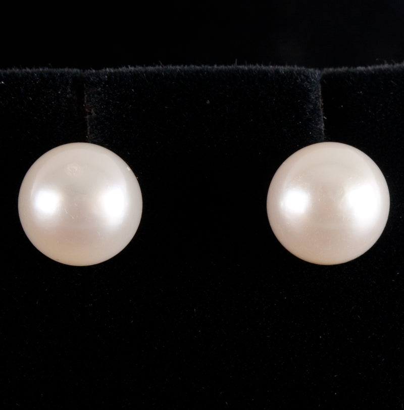 14k Yellow Gold Cultured White Button Pearl Solitaire Stud Earrings 1.85g