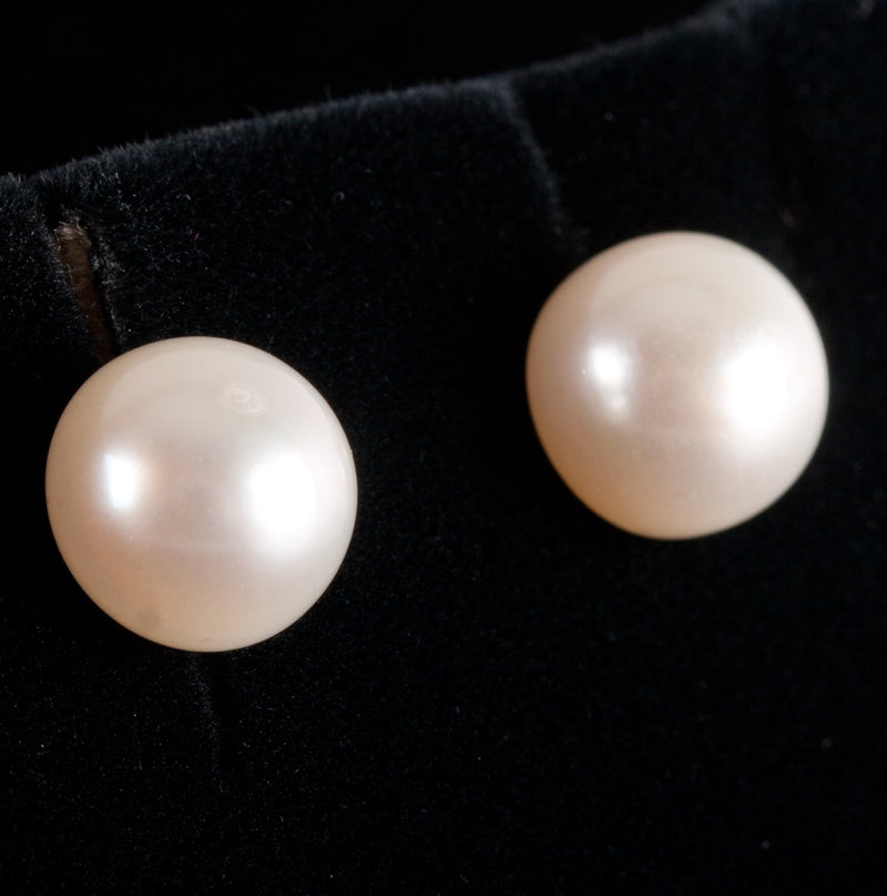 14k Yellow Gold Cultured White Button Pearl Solitaire Stud Earrings 1.85g