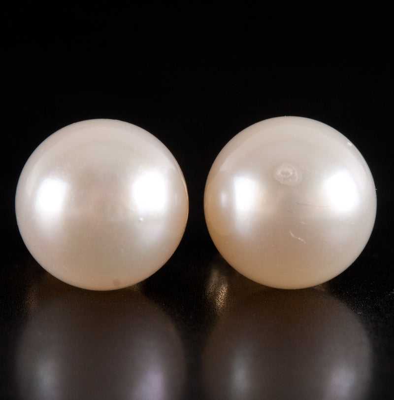 14k Yellow Gold Cultured White Button Pearl Solitaire Stud Earrings 1.85g