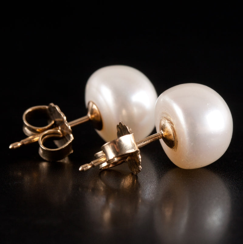 14k Yellow Gold Cultured White Button Pearl Solitaire Stud Earrings 1.85g