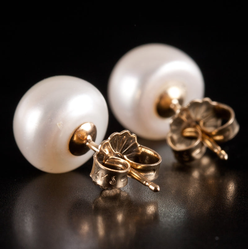 14k Yellow Gold Cultured White Button Pearl Solitaire Stud Earrings 1.85g