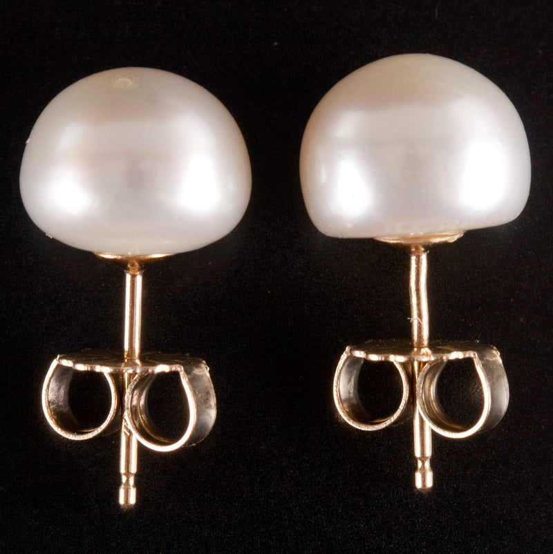 14k Yellow Gold Cultured White Button Pearl Solitaire Stud Earrings 1.85g