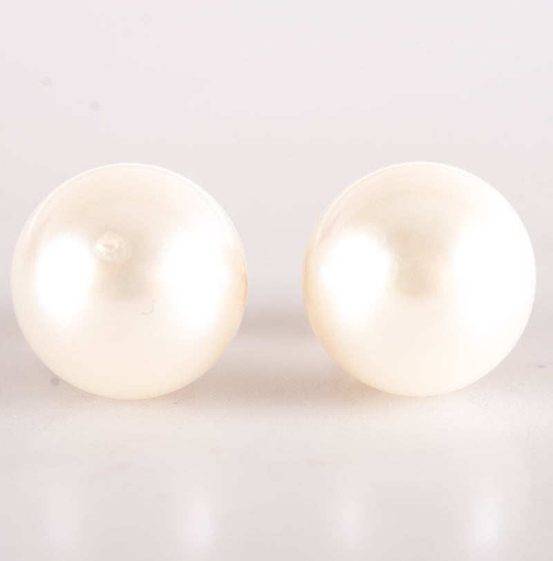 14k Yellow Gold Cultured White Button Pearl Solitaire Stud Earrings 1.85g