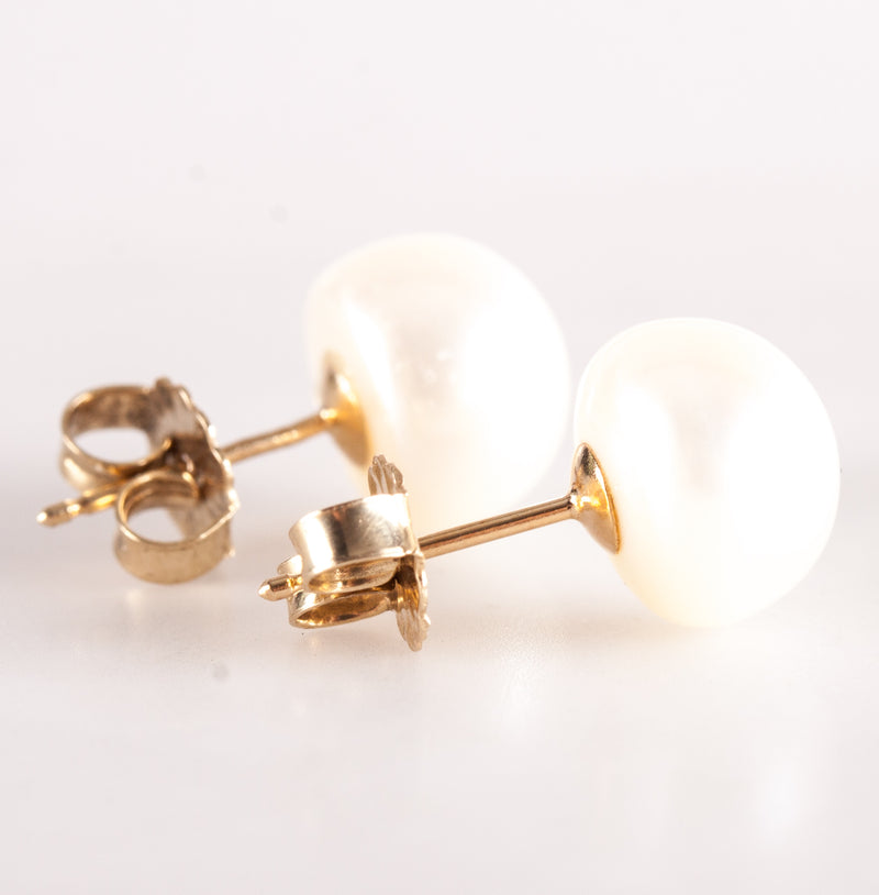 14k Yellow Gold Cultured White Button Pearl Solitaire Stud Earrings 1.85g