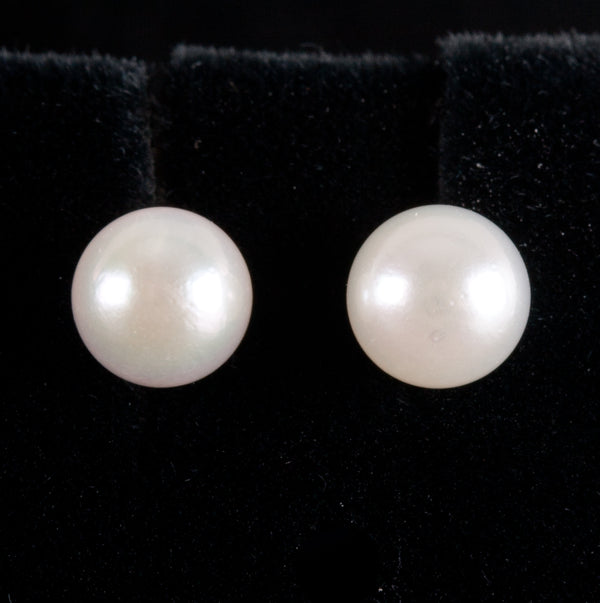 14k Yellow Gold Round Bead Cultured White Pearl Solitaire Stud Earrings .63g