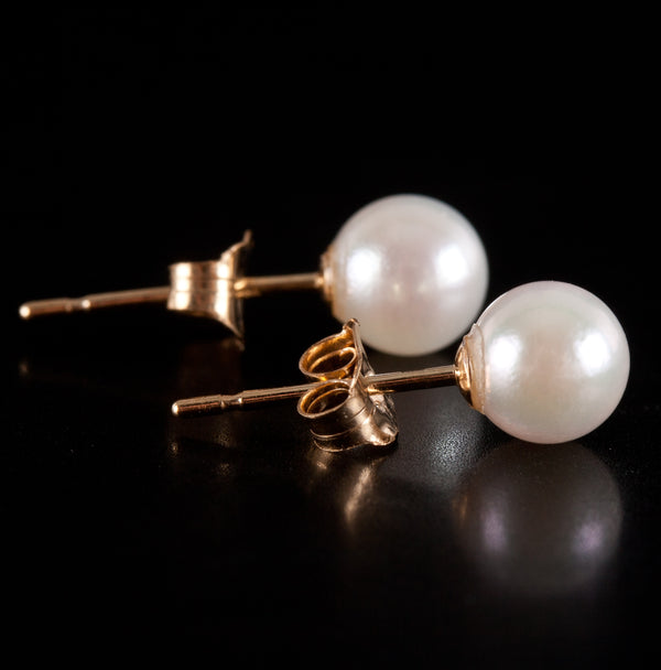 14k Yellow Gold Round Bead Cultured White Pearl Solitaire Stud Earrings .63g