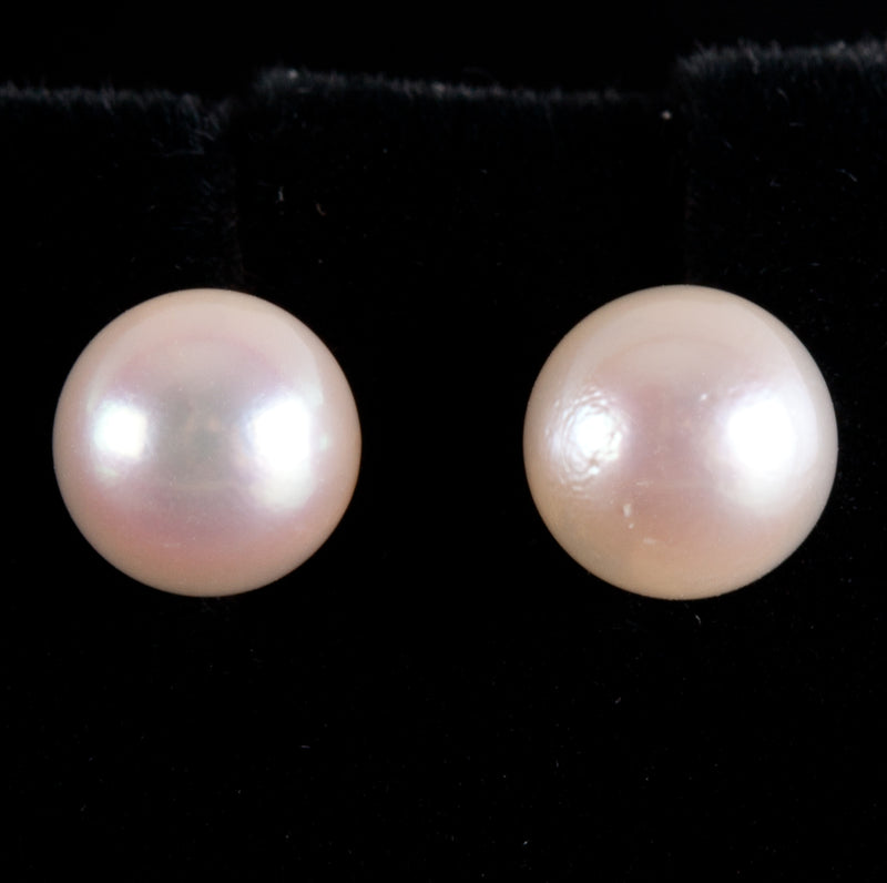 14k Yellow Gold Round Cultured White Pink Pearl Solitaire Stud Earrings .95g