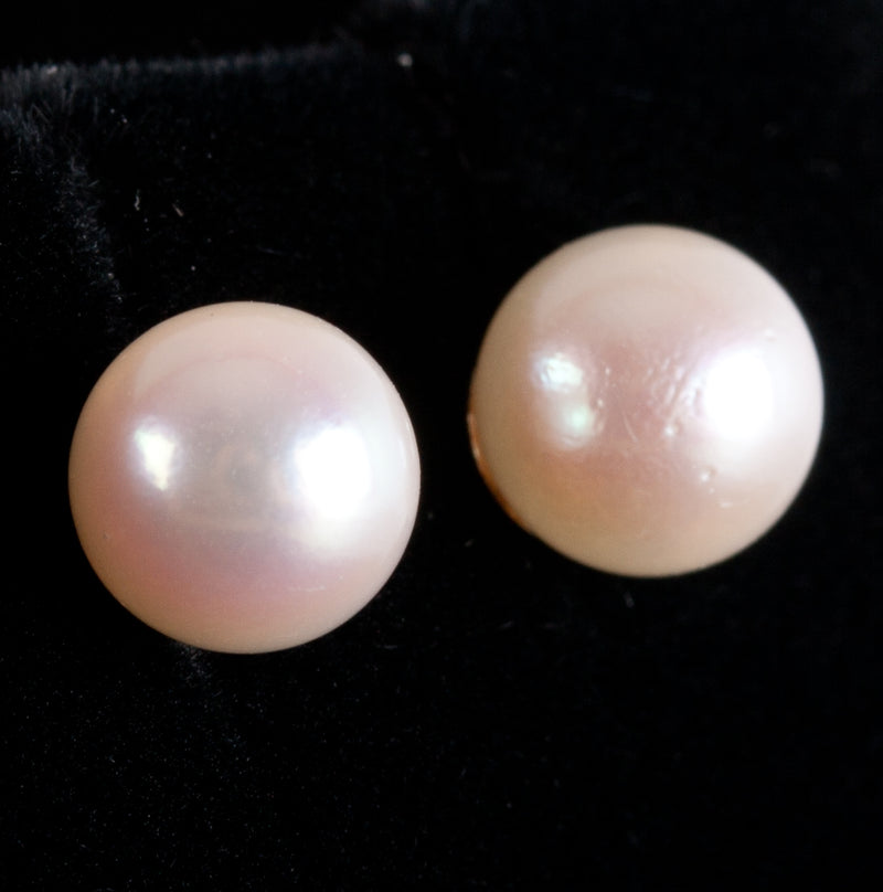 14k Yellow Gold Round Cultured White Pink Pearl Solitaire Stud Earrings .95g