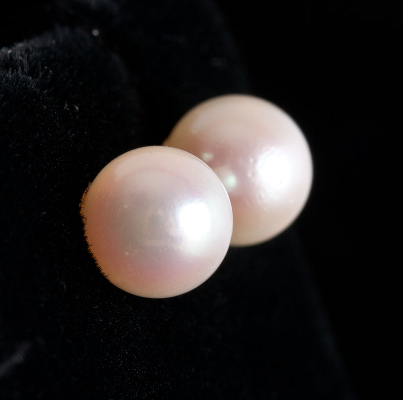 14k Yellow Gold Round Cultured White Pink Pearl Solitaire Stud Earrings .95g