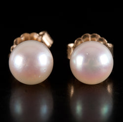 14k Yellow Gold Round Cultured White Pink Pearl Solitaire Stud Earrings .95g