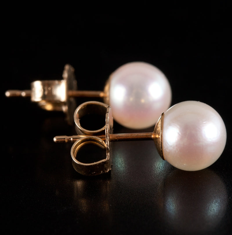 14k Yellow Gold Round Cultured White Pink Pearl Solitaire Stud Earrings .95g