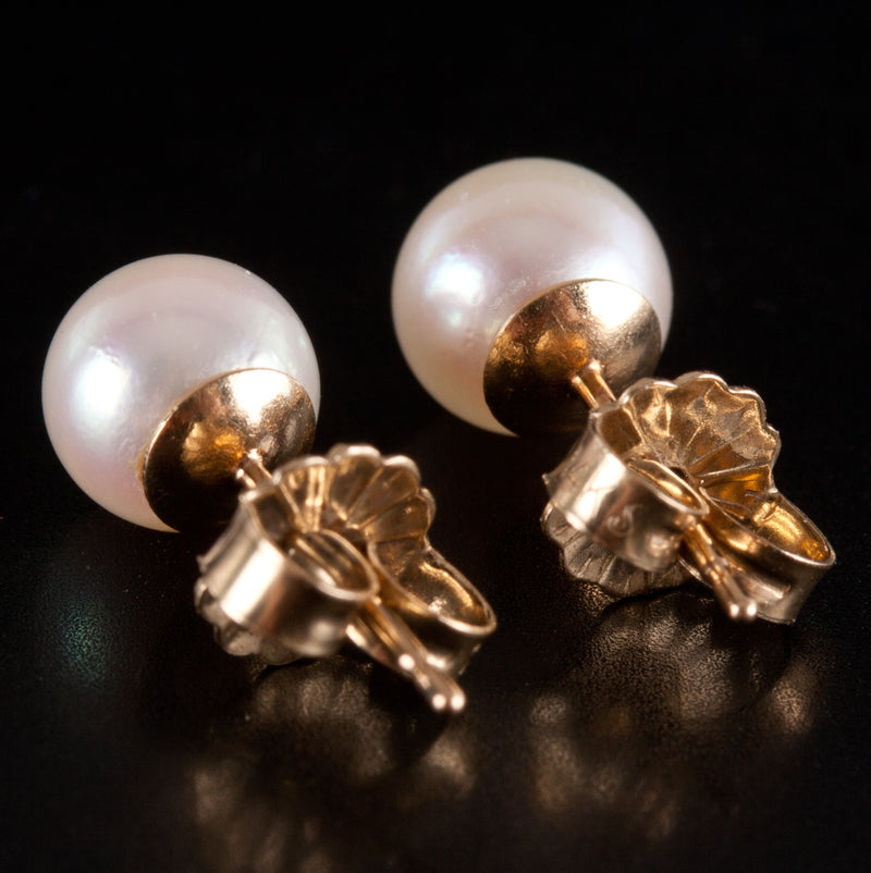 14k Yellow Gold Round Cultured White Pink Pearl Solitaire Stud Earrings .95g