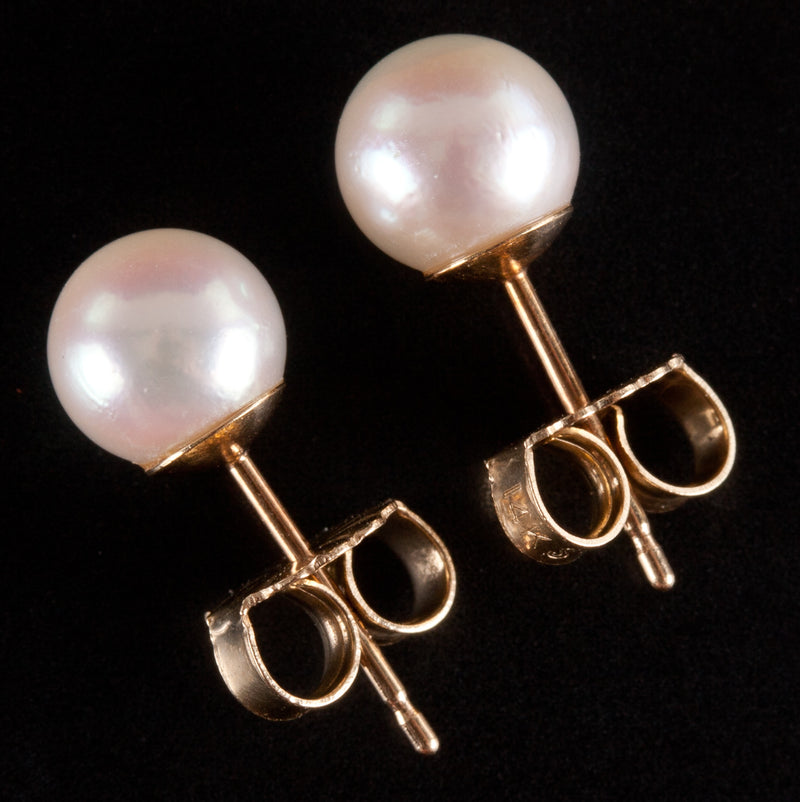 14k Yellow Gold Round Cultured White Pink Pearl Solitaire Stud Earrings .95g