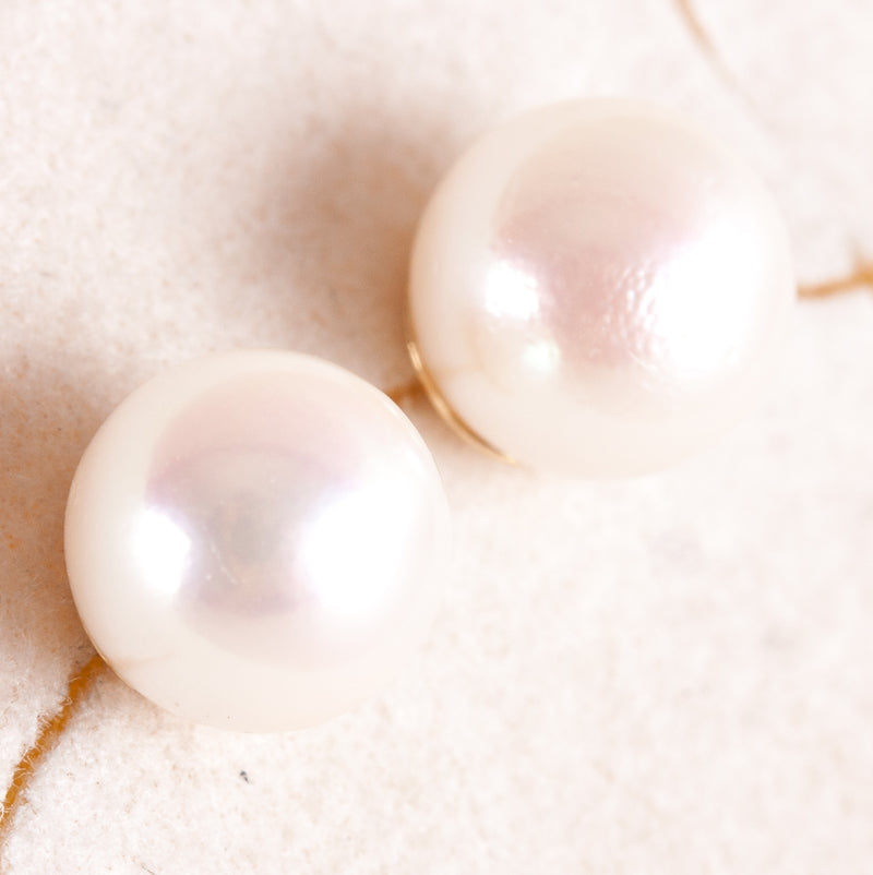 14k Yellow Gold Round Cultured White Pink Pearl Solitaire Stud Earrings .95g