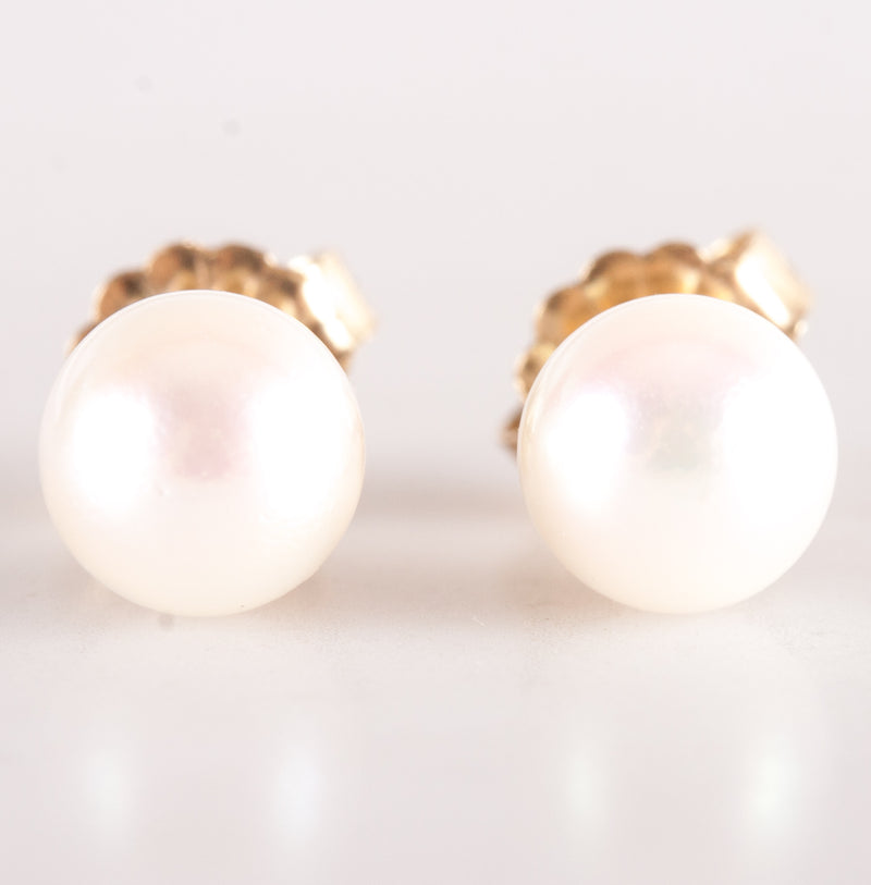 14k Yellow Gold Round Cultured White Pink Pearl Solitaire Stud Earrings .95g