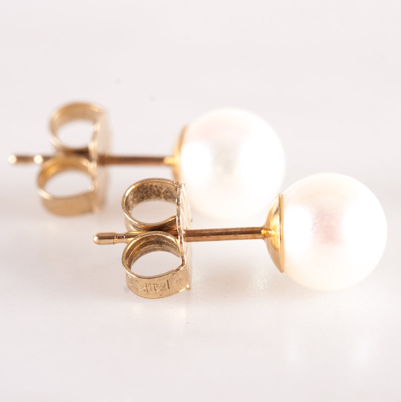 14k Yellow Gold Round Cultured White Pink Pearl Solitaire Stud Earrings .95g