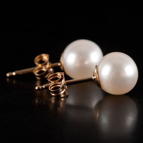 14k Yellow Gold Round Bead Cultured White Pearl Solitaire Stud Earrings 1.10g