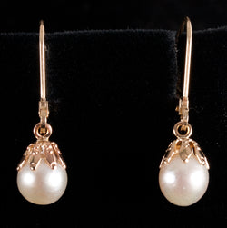 14k Yellow Gold Round Bead Cultured White Pearl Solitaire Dangle Earrings 1.5g